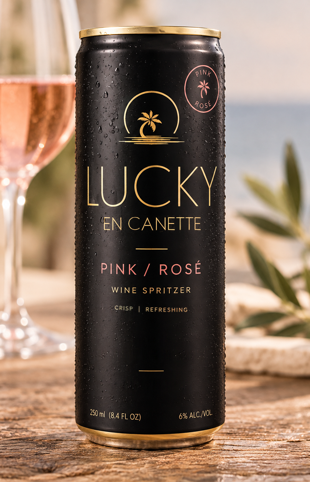 Label concept for Lucky En Canette, not an approved label: a slim black can with a gold Lucky wordmark, beside a glass of rosé on a table by the sea. Text on the can is placeholder.