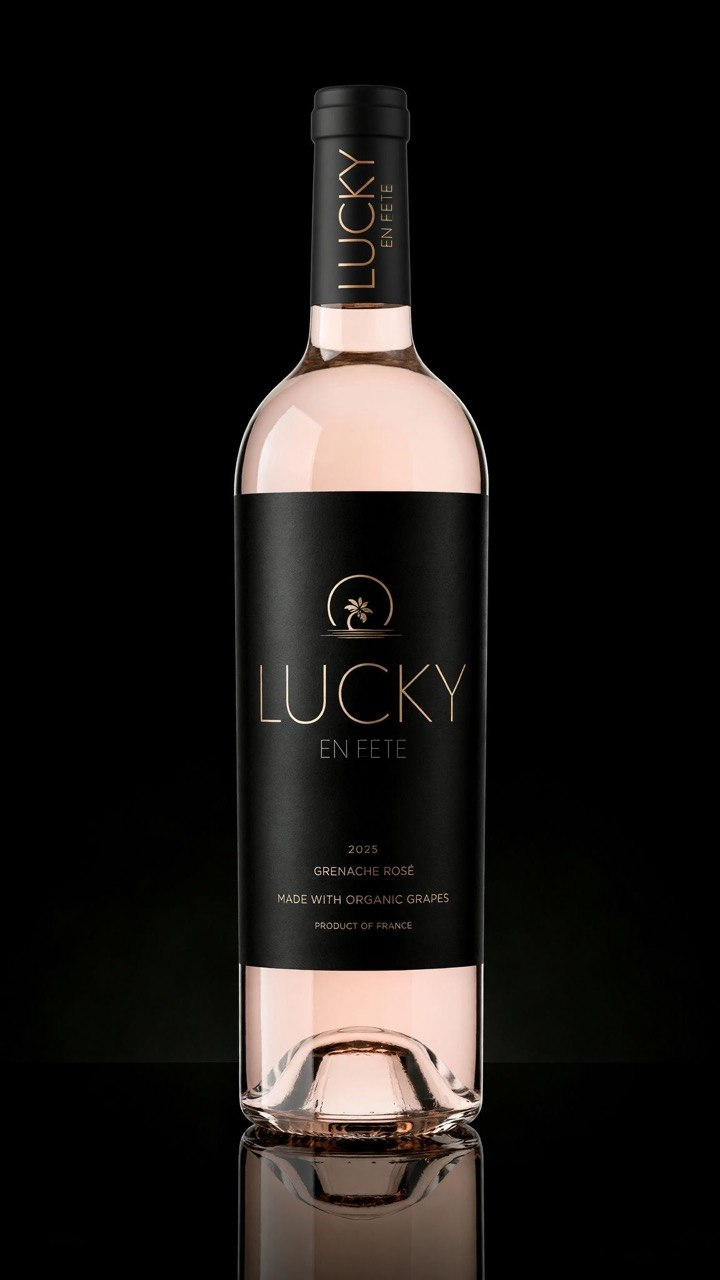 Label concept for Lucky En Fete, not an approved label: clear bottle of pale rosé with a black Lucky En Fete label. The vintage, variety, organic and origin text on it are placeholders.
