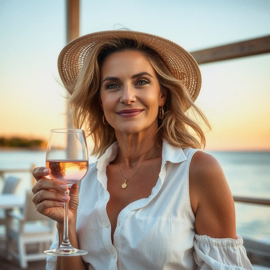 A glass of Lucky En Vue rosé held at a waterfront table in warm golden-hour light.