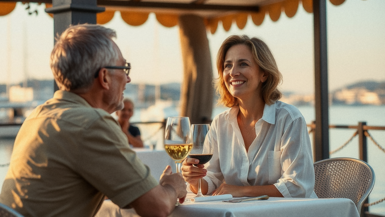 Two guests at a marina restaurant table on a summer evening, glasses of wine.