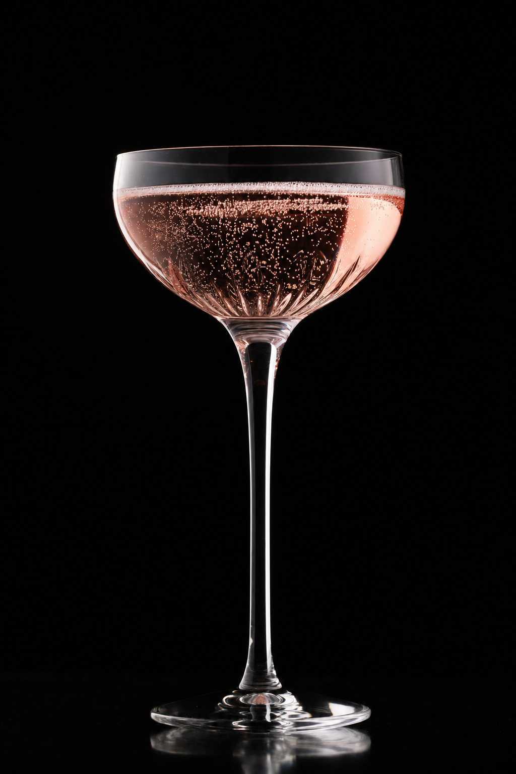 A pale sparkling rosé in a coupe glass, lit against pure black, coral-pink with fine bubbles, shot in dark-field studio style.